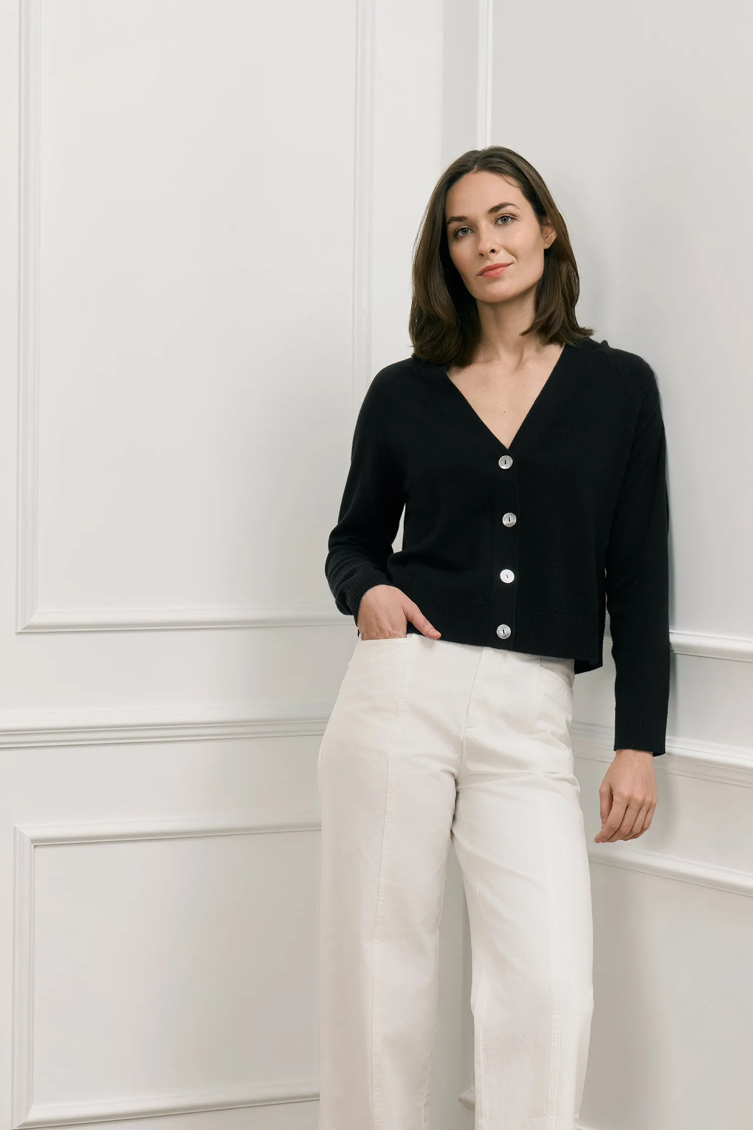Pointelle Raglan Cashmere Cardigan - Black