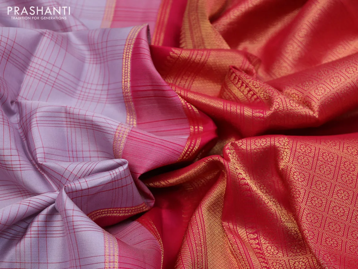 Pure kanchipuram silk saree pastel grey and pink with allover checked pattern and zari woven korvai border
