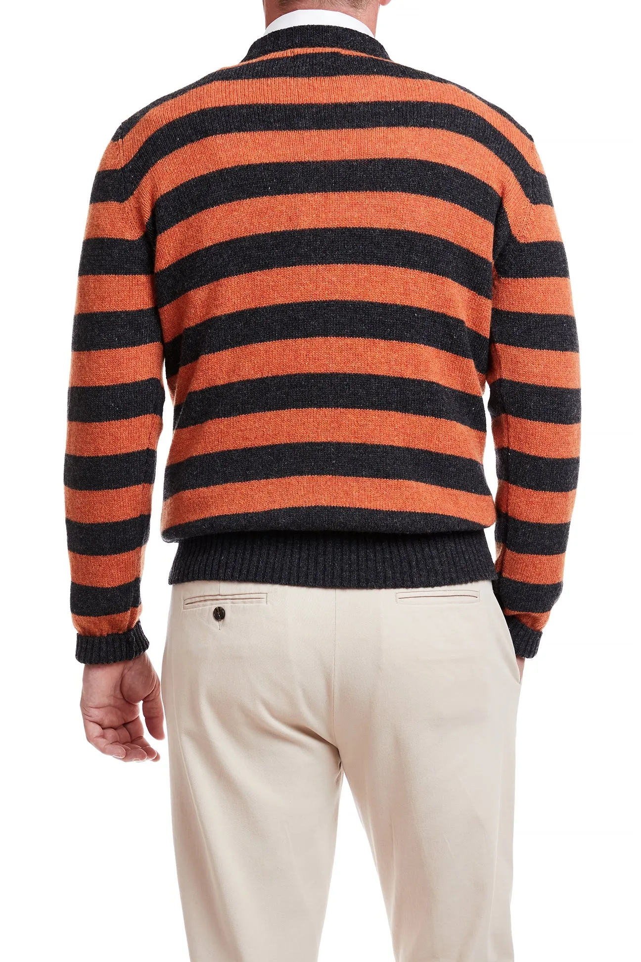Shetland Crewneck Sweater Grey & Burnt Orange Stripe