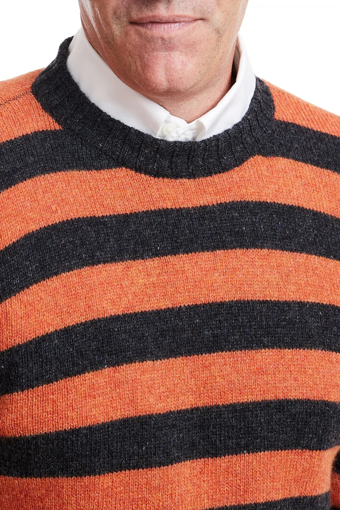 Shetland Crewneck Sweater Grey & Burnt Orange Stripe