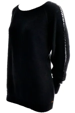Sonia Rykiel Black Wool Sweater With Sequin Raglan Peek a Boo Sleeves