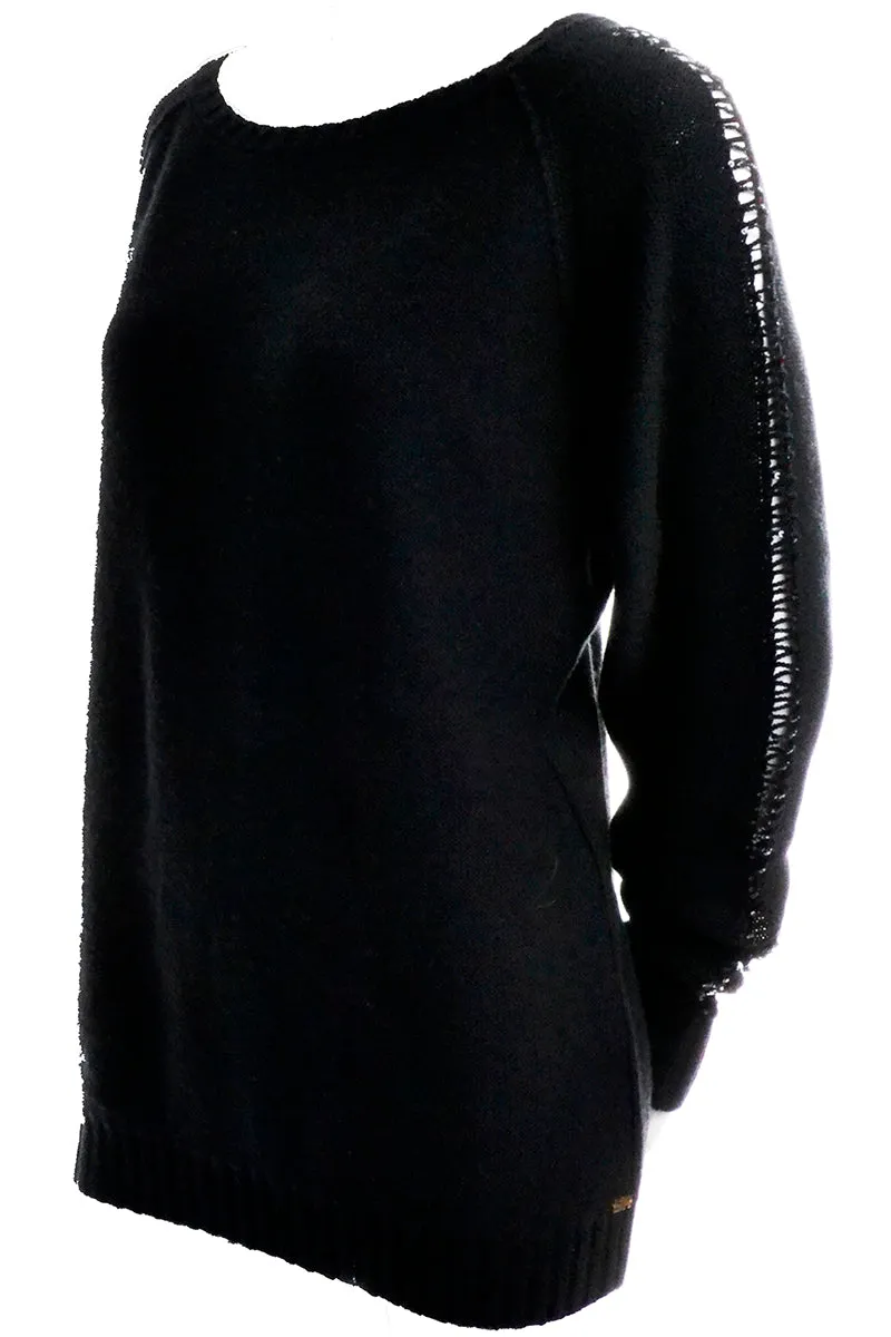 Sonia Rykiel Black Wool Sweater With Sequin Raglan Peek a Boo Sleeves