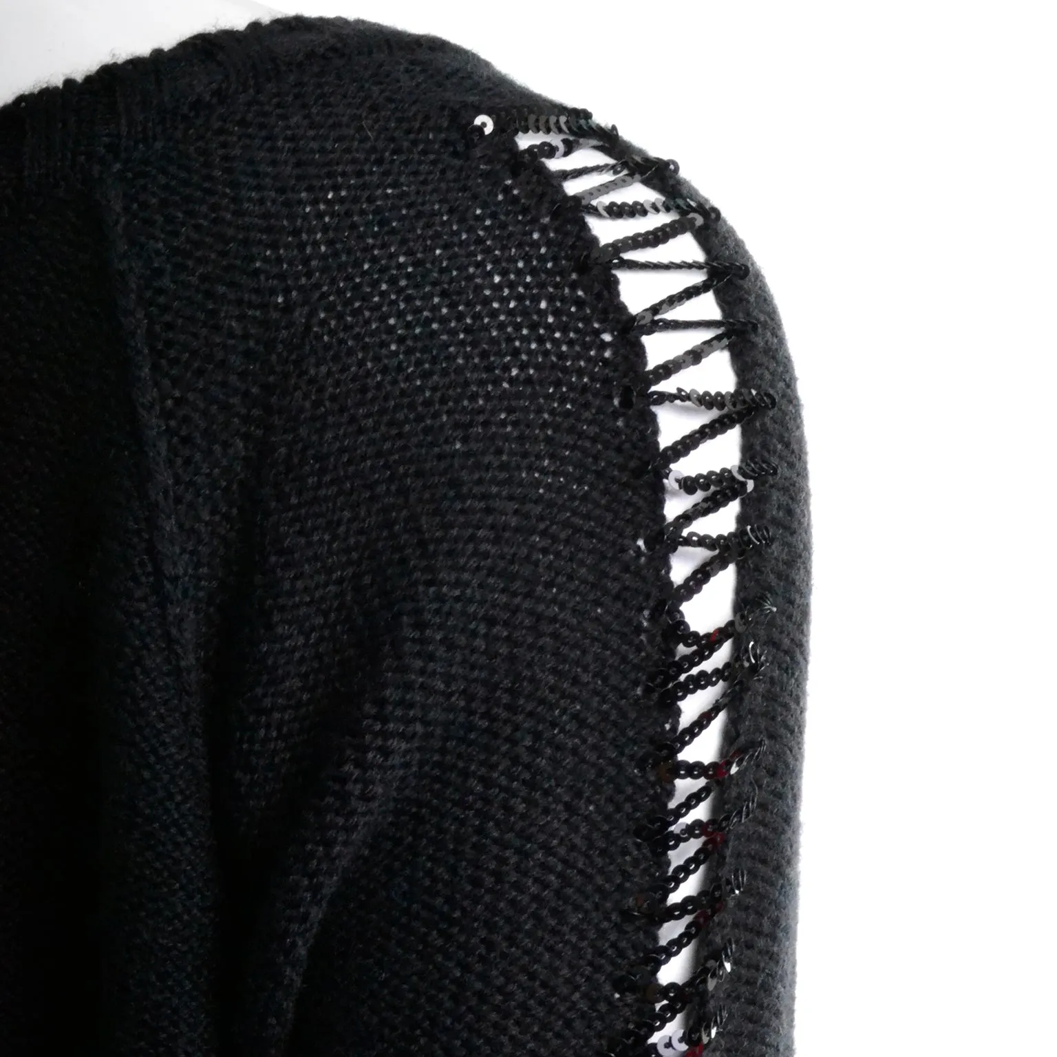 Sonia Rykiel Black Wool Sweater With Sequin Raglan Peek a Boo Sleeves