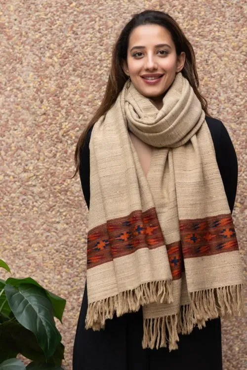 TICH Himachal Hand Woven Thick Wool Shawl - Beige & Red
