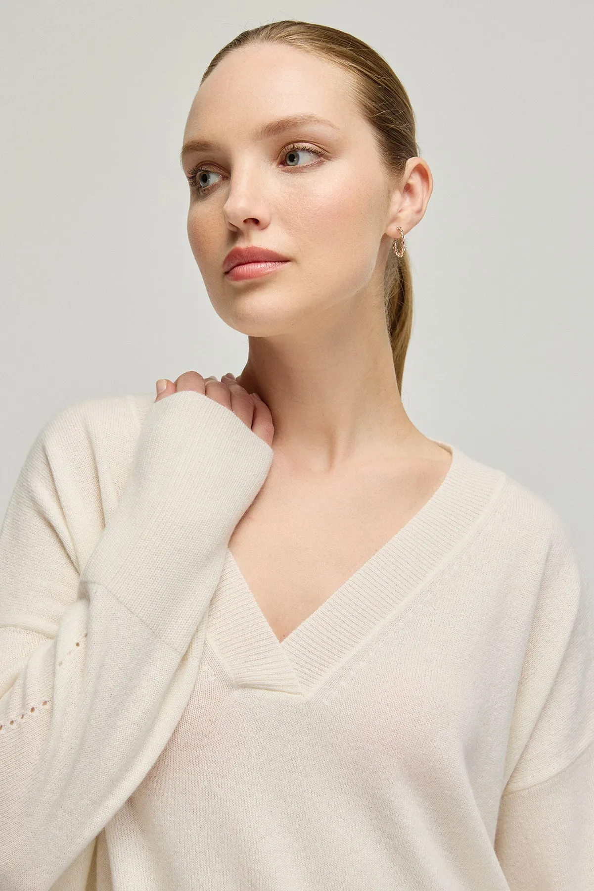 White Pure Cashmere Isabella Deep V-Neck Women's Sweater