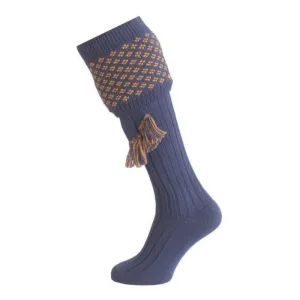 William Powell Boughton Mens Merino Shooting Socks with Garters - Navy/Ochre